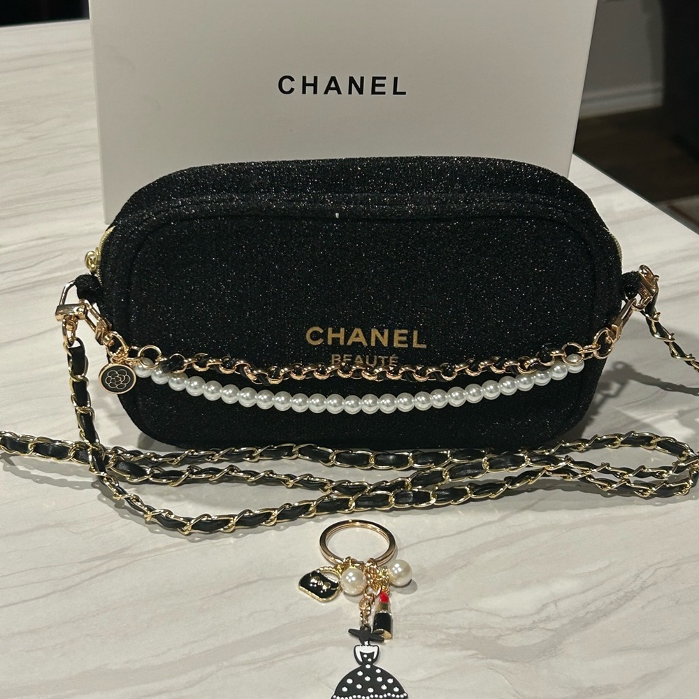 CHANEL VIP GWP Black Glitter Crossbody with Pearl & Gold Chain